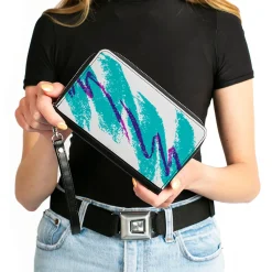 Women's PU Zip Around Wallet Rectangle - Jazzy Wave Scribble White Teal Purple