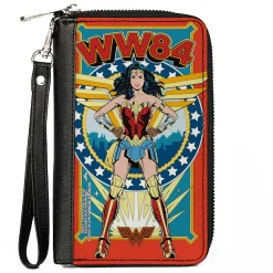 Women's PU Zip Around Wallet Rectangle - Wonder Woman WW84 Standing Pose Stars Reds Yellows Blues
