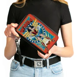 Women's PU Zip Around Wallet Rectangle - Wonder Woman WW84 Standing Pose Stars Reds Yellows Blues