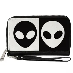 Women's PU Zip Around Wallet Rectangle - Alien Head Blocks Black White