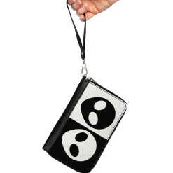 Women's PU Zip Around Wallet Rectangle - Alien Head Blocks Black White