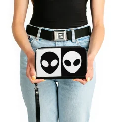 Women's PU Zip Around Wallet Rectangle - Alien Head Blocks Black White