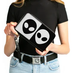 Women's PU Zip Around Wallet Rectangle - Alien Head Blocks Black White