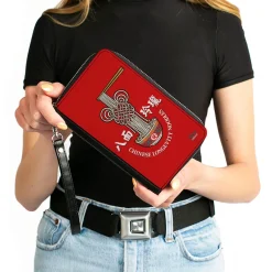 Women's PU Zip Around Wallet Rectangle - Mickey Mouse CHINESE LONGEVITY NOODLES Knot Red White