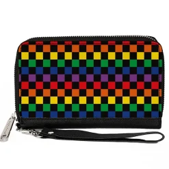 Women's PU Zip Around Wallet Rectangle - Checker Black Rainbow Multi Color