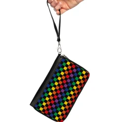 Women's PU Zip Around Wallet Rectangle - Checker Black Rainbow Multi Color