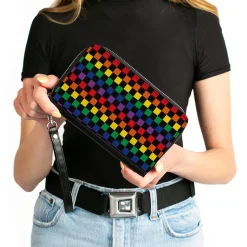 Women's PU Zip Around Wallet Rectangle - Checker Black Rainbow Multi Color