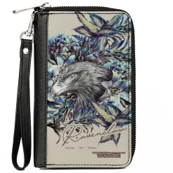 Women's PU Zip Around Wallet Rectangle - Harry Potter RAVENCLAW Floral Eagle Sketch Grays Blues