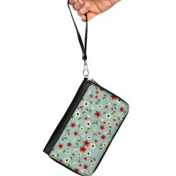 Women's PU Zip Around Wallet Rectangle - Ditsy Floral Chain Baby Blue Red White Green