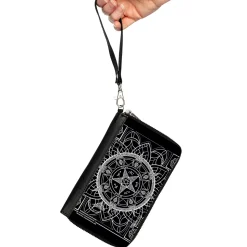 Women's PU Zip Around Wallet Rectangle - Supernatural Devil's Trap Symbol CLOSE-UP Black White