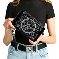 Women's PU Zip Around Wallet Rectangle - Supernatural Devil's Trap Symbol CLOSE-UP Black White