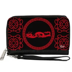 Women's PU Zip Around Wallet Rectangle - Mulan Dragon Icon Lattice Pattern Black Red