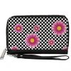 Women's PU Zip Around Wallet Rectangle - Checkers Pink Daisies Black White