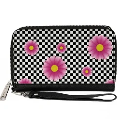Women's PU Zip Around Wallet Rectangle - Checkers Pink Daisies Black White