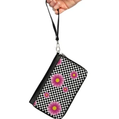 Women's PU Zip Around Wallet Rectangle - Checkers Pink Daisies Black White