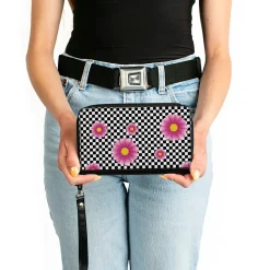 Women's PU Zip Around Wallet Rectangle - Checkers Pink Daisies Black White