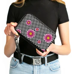 Women's PU Zip Around Wallet Rectangle - Checkers Pink Daisies Black White