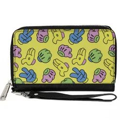 Women's PU Zip Around Wallet Rectangle - Mickey Mouse Hand Gestures Scattered Yellow Multi Color