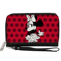 Women's PU Zip Around Wallet Rectangle - Vintage Minnie Mouse Over the Shoulder Pose Dots Reds Black White