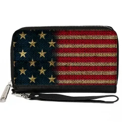 Women's PU Zip Around Wallet Rectangle - Vintage US Flag Stretch