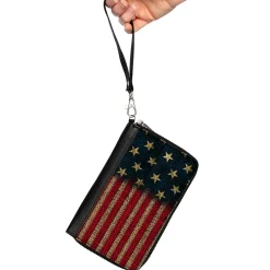 Women's PU Zip Around Wallet Rectangle - Vintage US Flag Stretch