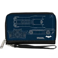 Women's PU Zip Around Wallet Rectangle - Batman Batmobile Blueprint Tech Turns Blues White