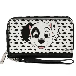 Women's PU Zip Around Wallet Rectangle - 101 Dalmatians Patch Smiling Spots White Black