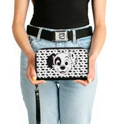 Women's PU Zip Around Wallet Rectangle - 101 Dalmatians Patch Smiling Spots White Black