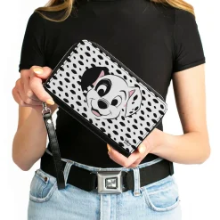 Women's PU Zip Around Wallet Rectangle - 101 Dalmatians Patch Smiling Spots White Black