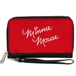 Women's PU Zip Around Wallet Rectangle - MINNIE MOUSE Script and Bow Reds White