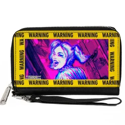 Women's PU Zip Around Wallet Rectangle - Birds of Prey Harley Quinn WARNING Smiling Pose Yellow Black