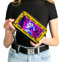 Women's PU Zip Around Wallet Rectangle - Birds of Prey Harley Quinn WARNING Smiling Pose Yellow Black