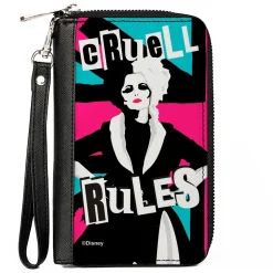 Women's PU Zip Around Wallet Rectangle - Cruella CRUELL RULES Union Jack Pose Blue Pink Black