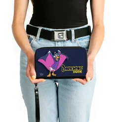 Women's PU Zip Around Wallet Rectangle - DARKWING DUCK Cape Pose Navy Yellow