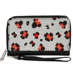 Women's PU Zip Around Wallet Rectangle - Minnie Mouse Leopard Print Icon Gray Black Red