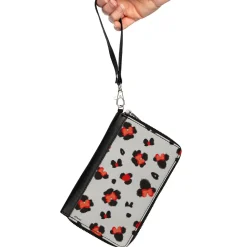 Women's PU Zip Around Wallet Rectangle - Minnie Mouse Leopard Print Icon Gray Black Red