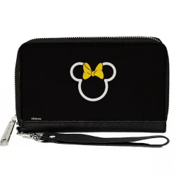 Women's PU Zip Around Wallet Rectangle - Minnie Mouse Ears and Bow Icon Outline Black White Yellow