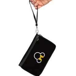 Women's PU Zip Around Wallet Rectangle - Minnie Mouse Ears and Bow Icon Outline Black White Yellow