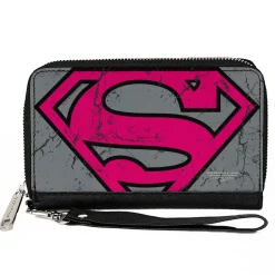Women's PU Zip Around Wallet Rectangle - Superman Shield CLOSE-UP Weathered Grays Black Pink