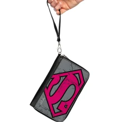 Women's PU Zip Around Wallet Rectangle - Superman Shield CLOSE-UP Weathered Grays Black Pink