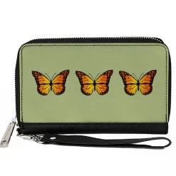 Women's PU Zip Around Wallet Rectangle - Monarch Butterfly Trio Olive Green
