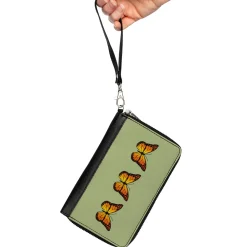 Women's PU Zip Around Wallet Rectangle - Monarch Butterfly Trio Olive Green