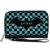 Women's PU Zip Around Wallet Rectangle - BATMAN Bat Logo Close-Up Checker Teal Black