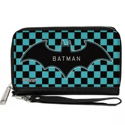 Women's PU Zip Around Wallet Rectangle - BATMAN Bat Logo Close-Up Checker Teal Black