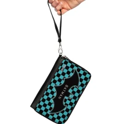 Women's PU Zip Around Wallet Rectangle - BATMAN Bat Logo Close-Up Checker Teal Black