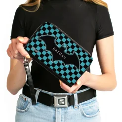Women's PU Zip Around Wallet Rectangle - BATMAN Bat Logo Close-Up Checker Teal Black