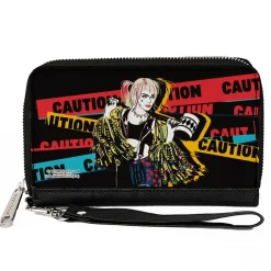Women's PU Zip Around Wallet Rectangle - Birds of Prey Harley Quinn CAUTION Hammer Pose Black Red Yellow Blue