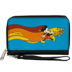 Women's PU Zip Around Wallet Rectangle - Mickey Mouse and Pluto Action Wave Pose Blue Red Orange Yellow