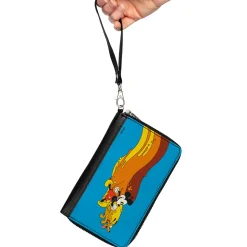 Women's PU Zip Around Wallet Rectangle - Mickey Mouse and Pluto Action Wave Pose Blue Red Orange Yellow