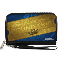Women's PU Zip Around Wallet Rectangle - THE POLAR EXPRESS ROUND TRIP Train Ticket Blues Golds
